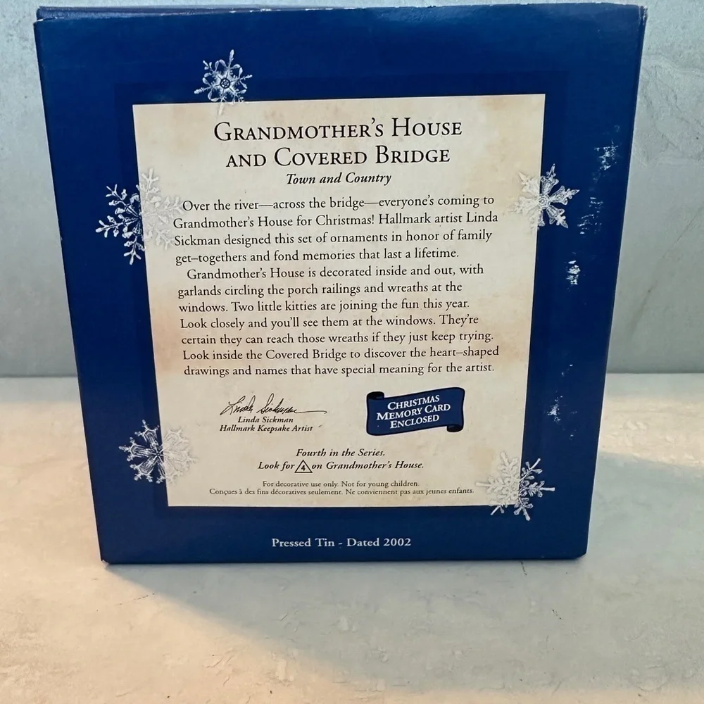 2002 Hallmark Pressed Tin Christmas Ornaments Grandmother House Covered Bridge